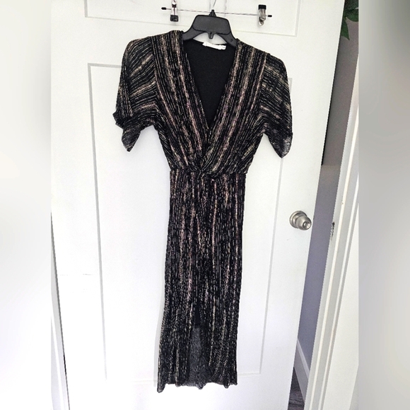 All in Favor Metallic Black Gold Striped Midi Dress Size M - Picture 1 of 11